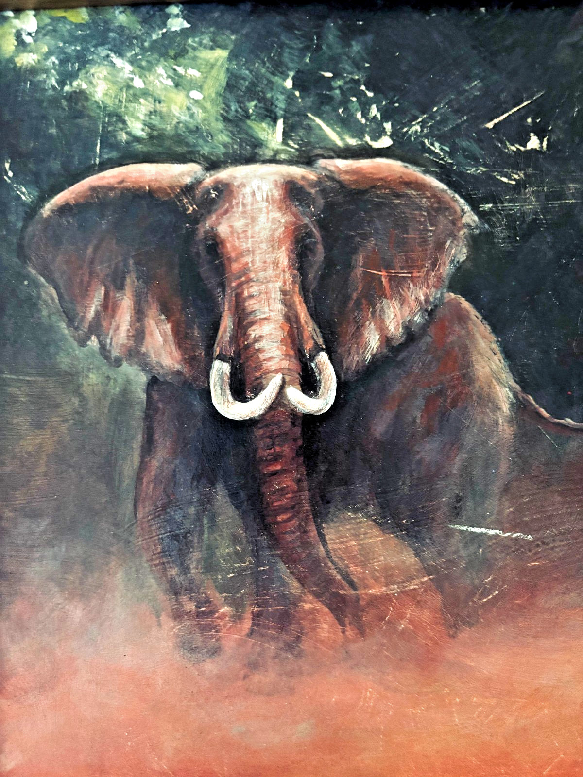 African Bull elephant Fine Art Acrylic, Gold Frame, Kenya, Red dust -Tsavo Park