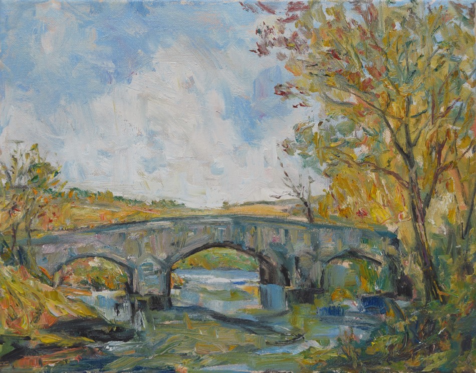 Art Original Oil Painting RM Mortensen «The Old Stone Bridge» Country Landscape