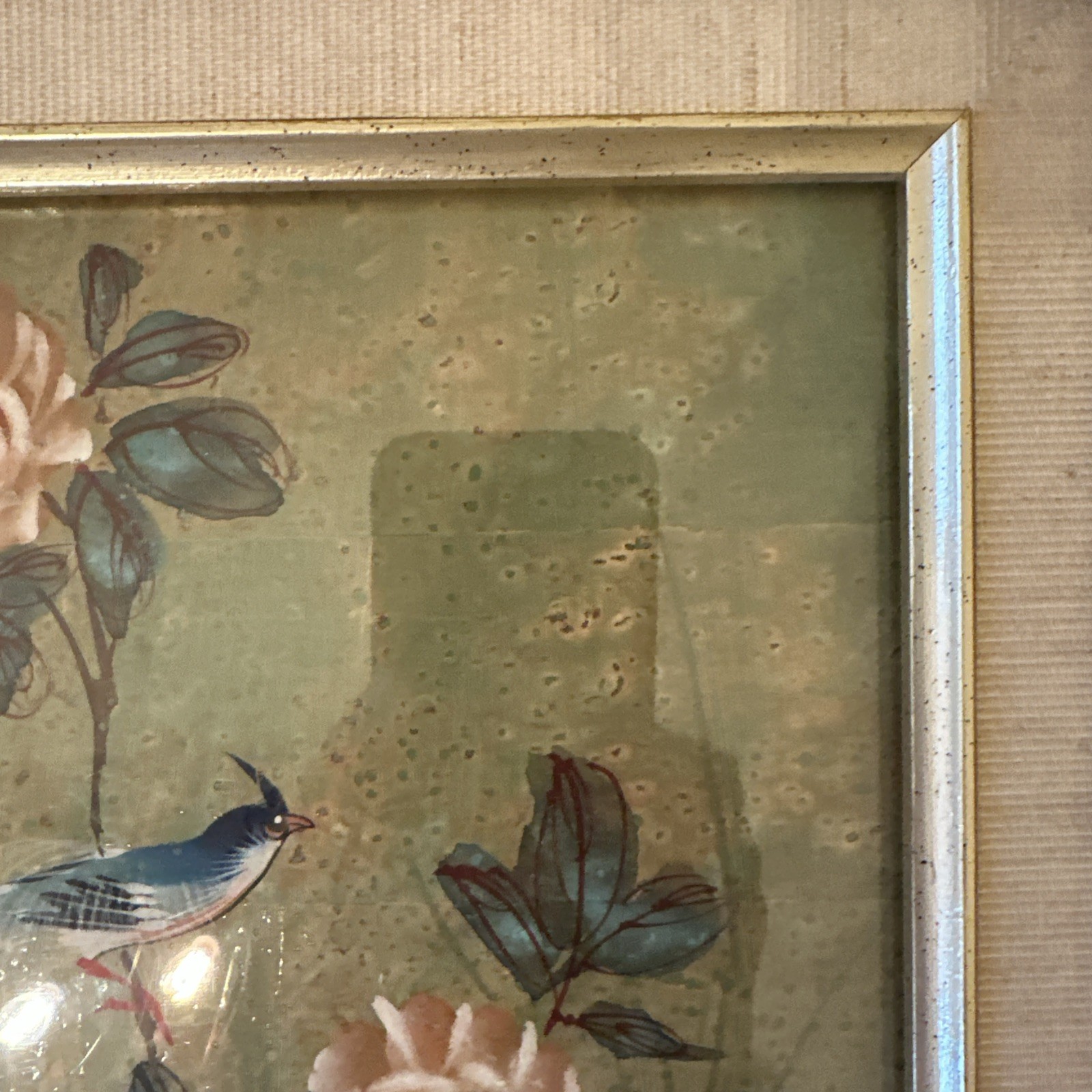 Watercolor Painting Asian Cork Paper Bird Flower Gold Bamboo Frame Signed 12×14