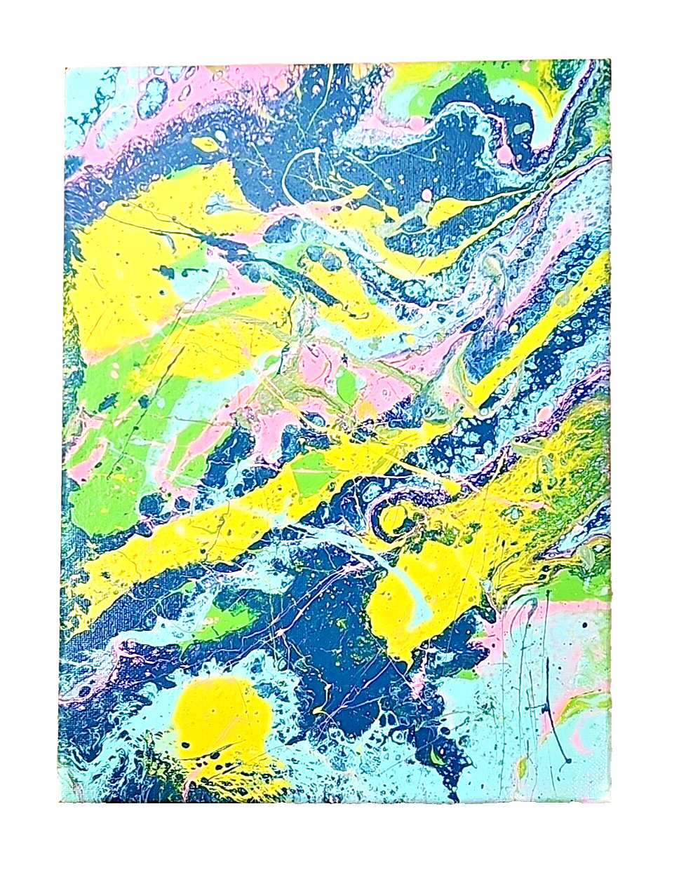 Acrylic Pour Painting Abstract Yellow Pink Blue Green 9×12 Unframed OOAK Gift