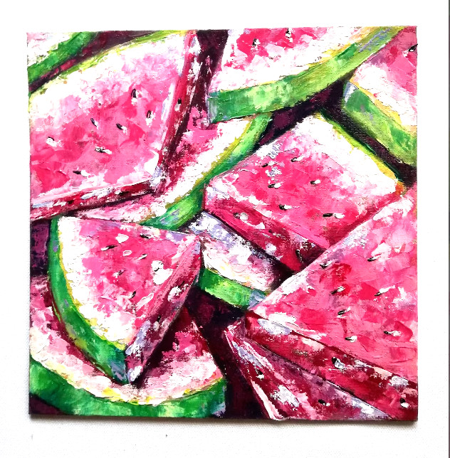 Watermelon Slice Still Life Oil Painting, Fruit Kitchen Spatula Technique 25x25cm