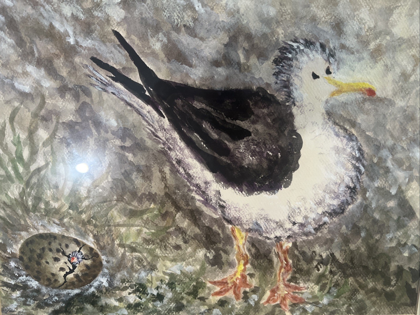 Water Color Painting of Sea Gull On The Beach Framed Signed