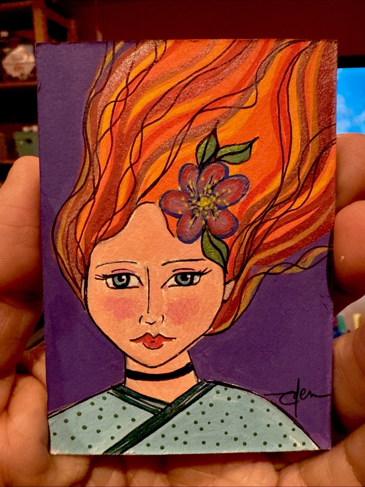 ACEO Girl Floral Redhead Ginger Mixed Media Painting ORIGINAL POP ART by edenart