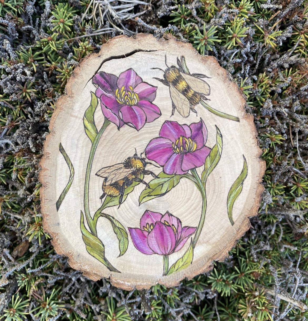 Wood Burned floral bees CalicoCallieInk Garden original painting flowers nature