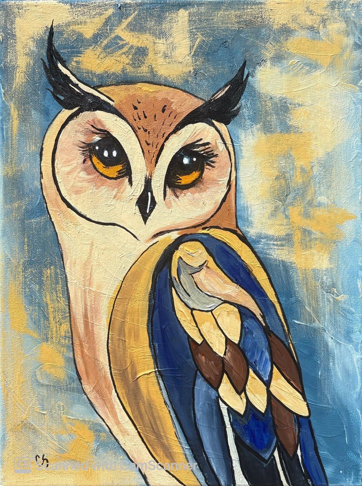 Blue Tan and Gold Owl Original Acrylic Painting 11×14 Signed Canvas Art
