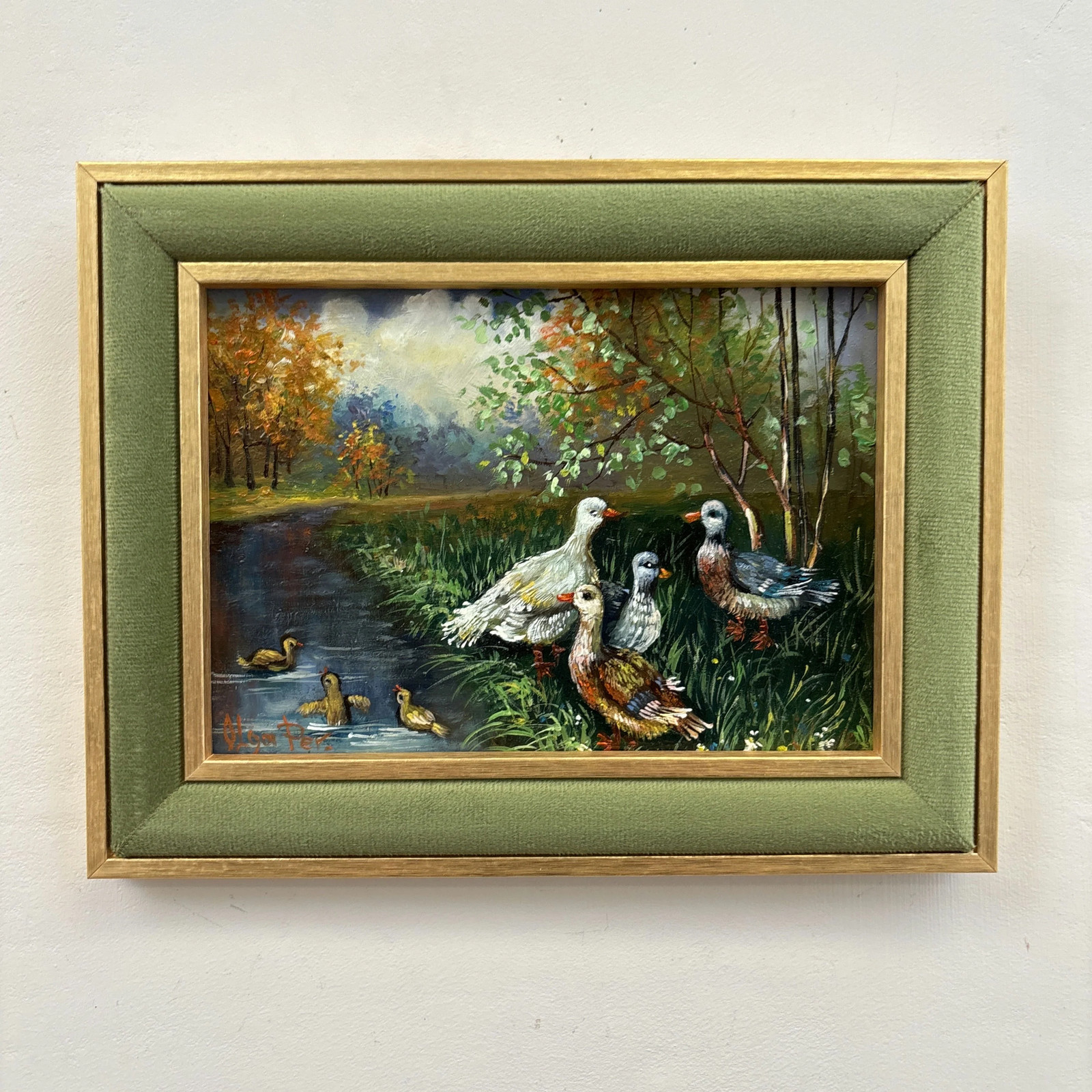 Elegant Animals Oil Painting «Pair Of Ducks» Detailed Small Artwork