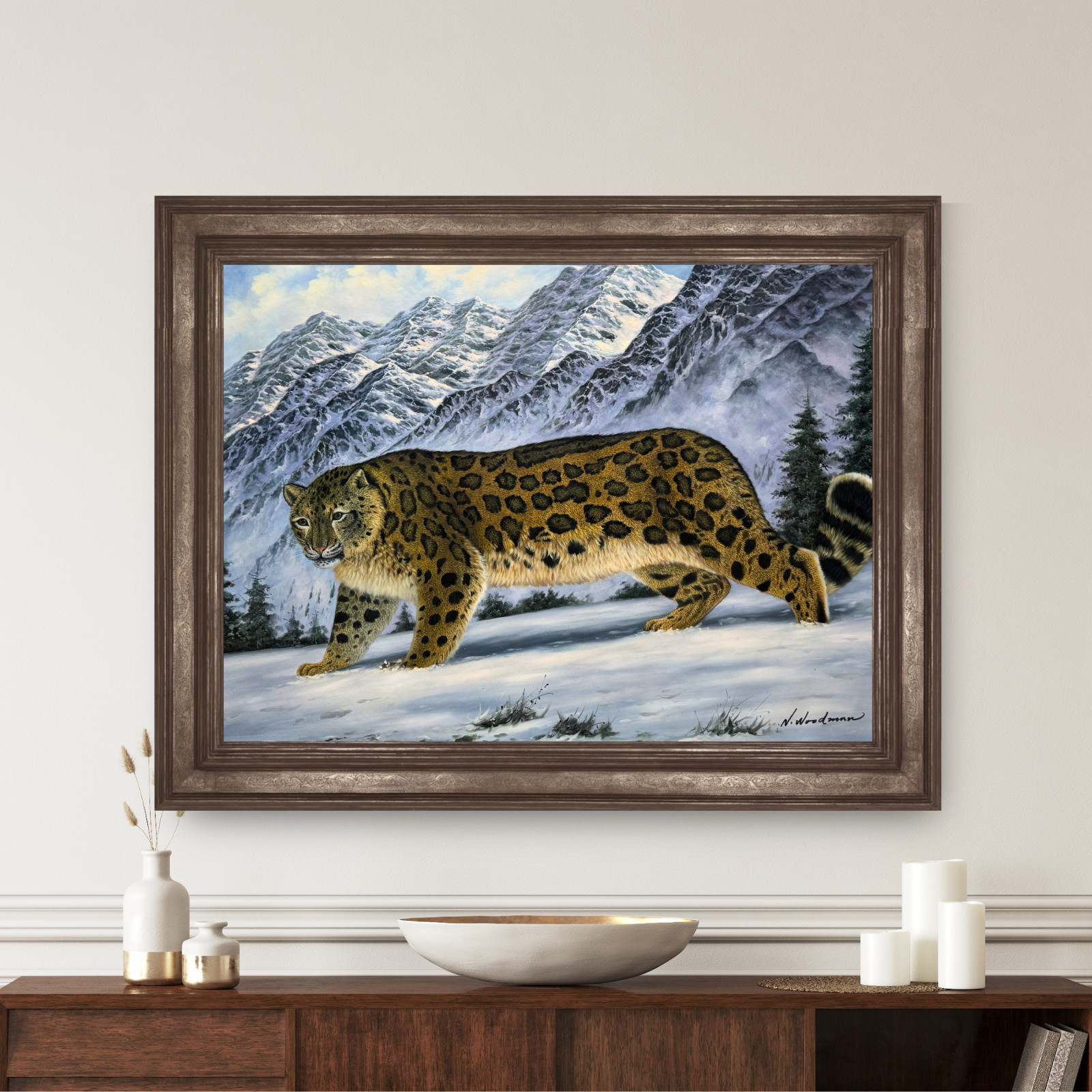 Large Snow Leopard Wildlife Oil Canvas Painting Mountain Landscape Art