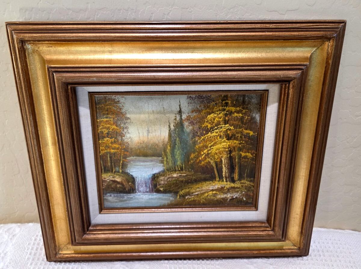 Original Landscape Mountains Forest Waterfall River Stream Signed Oil Painting