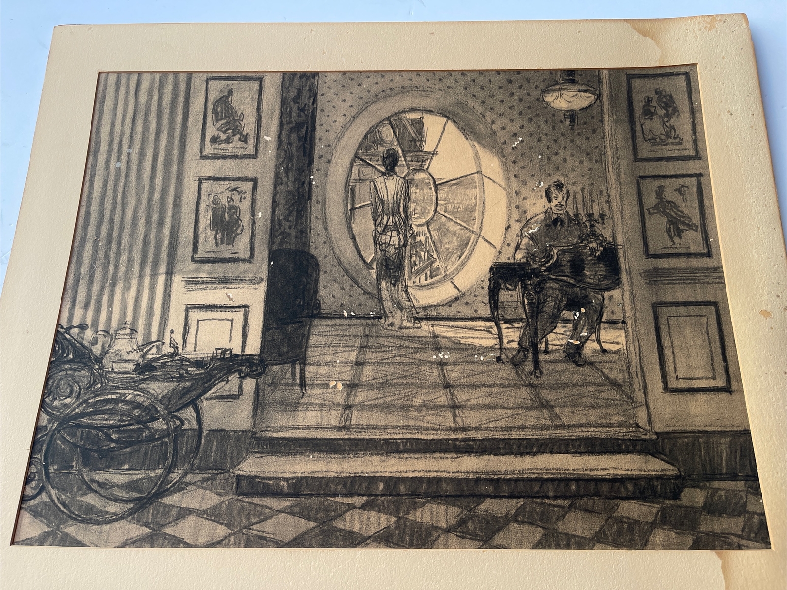ANTIQUE DRAWING ILLUSTRATION SET DESIGN INTERIOR PORTRAIT SOCIAL STERLING