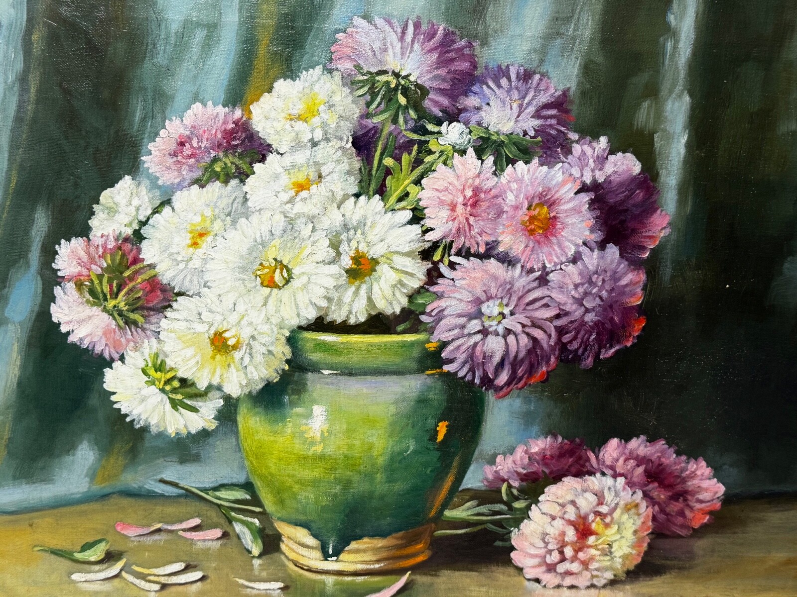 Victorian Still Life Oil Painting Flowers Chrysanthemums In Vase Emily Selinger