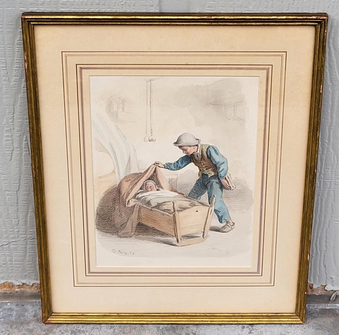 A Boy With a Baby in a Basinet