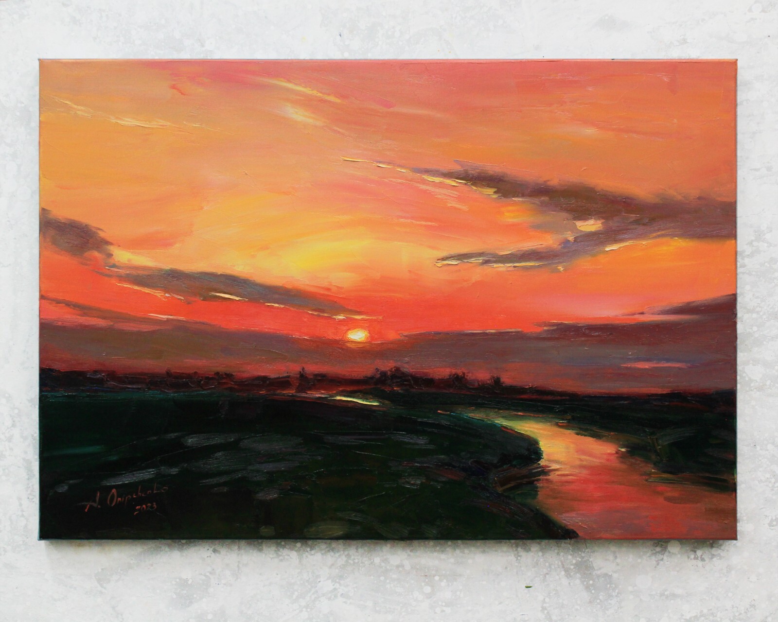 Sunset river painting IMPRESSIONISM original art Oil on canvas by A Onipchenko