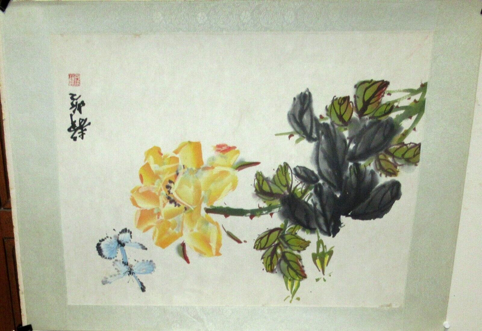 CHINESE BLUE BUTTERFLIES ON YELLOW ROSE ORIGINAL WATERCOLOR PAINTING SIGNED
