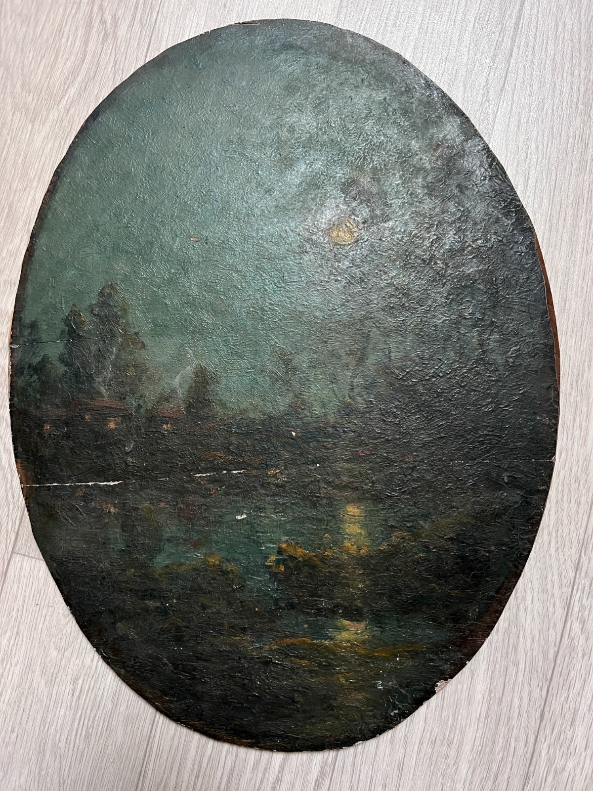 Landscape River Trees Forest Moon Night – Painting Antique Oil Original