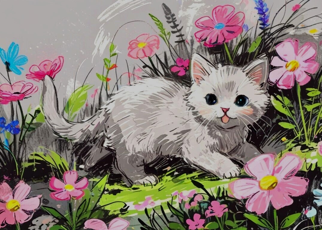 ACEO Mini *Art Print* White Fluffy Blue Eyed Baby Cat Kitten &Flowers – Saulite