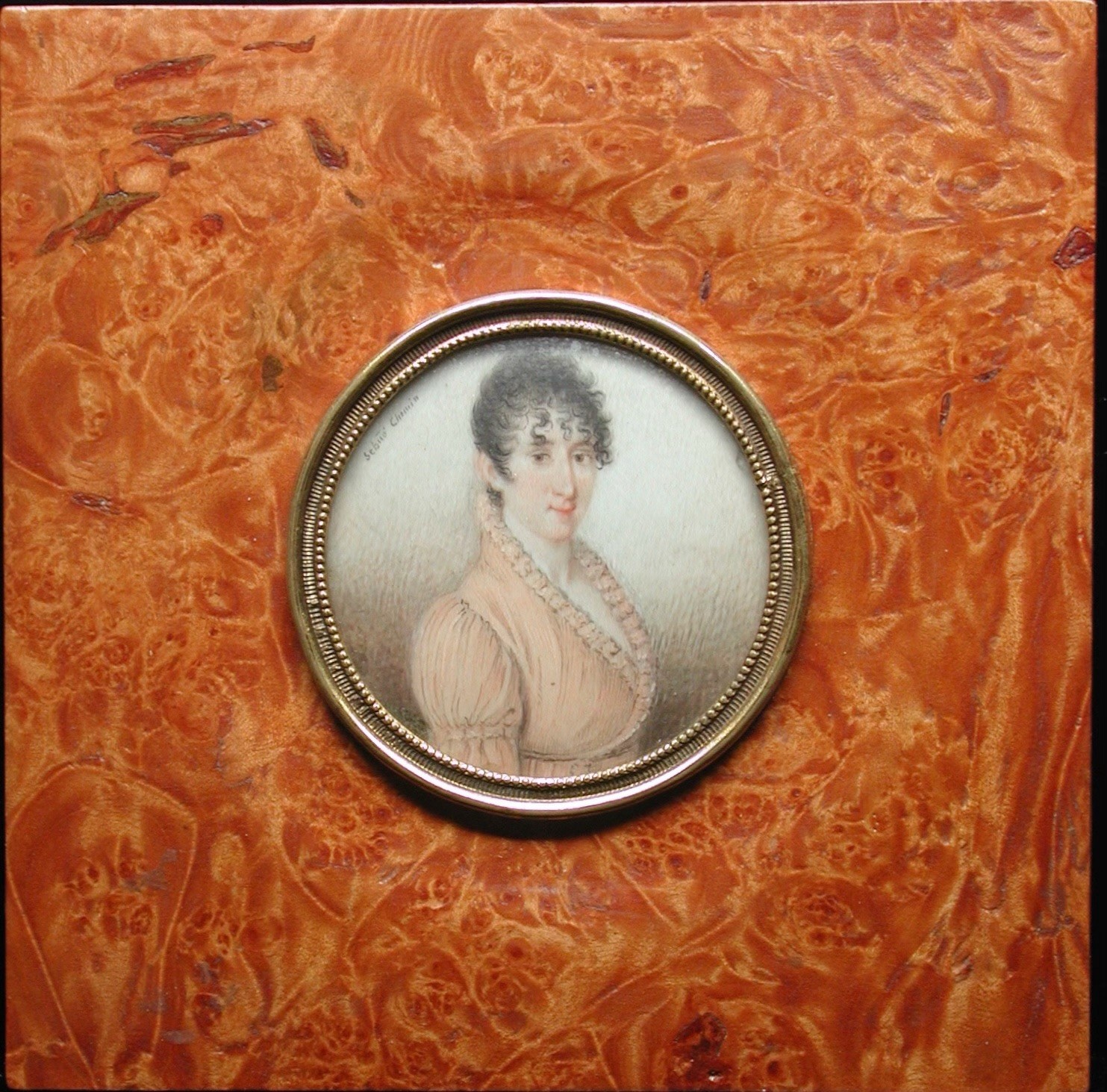 Signed Portrait Miniature by Sebito Chemin in Oyster Wood Frame, mid-19th C.