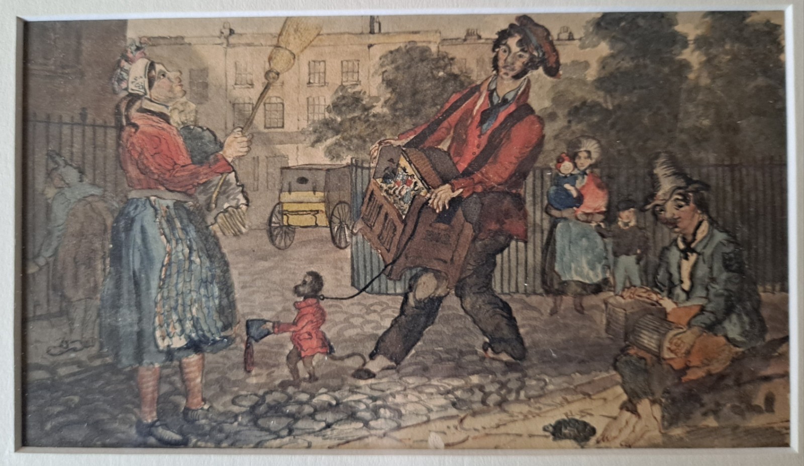 Antique 19c. Victorian Street Musician MINSTREL Monkey W/C Painting Hurdy Gurdy