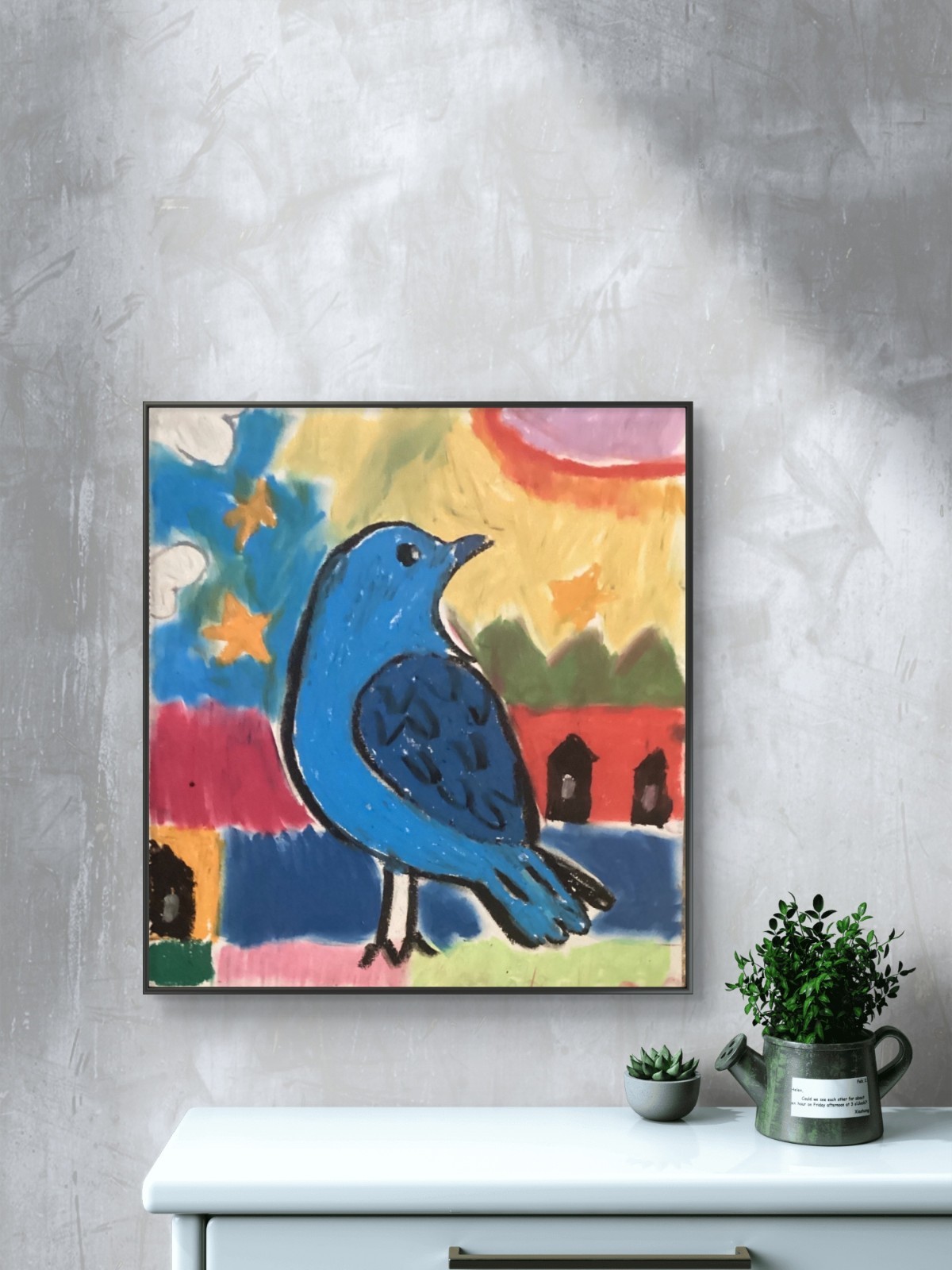 Abstract Minimalistic City Colorful Expressionism Blue Bird Art 11×14 on Paper