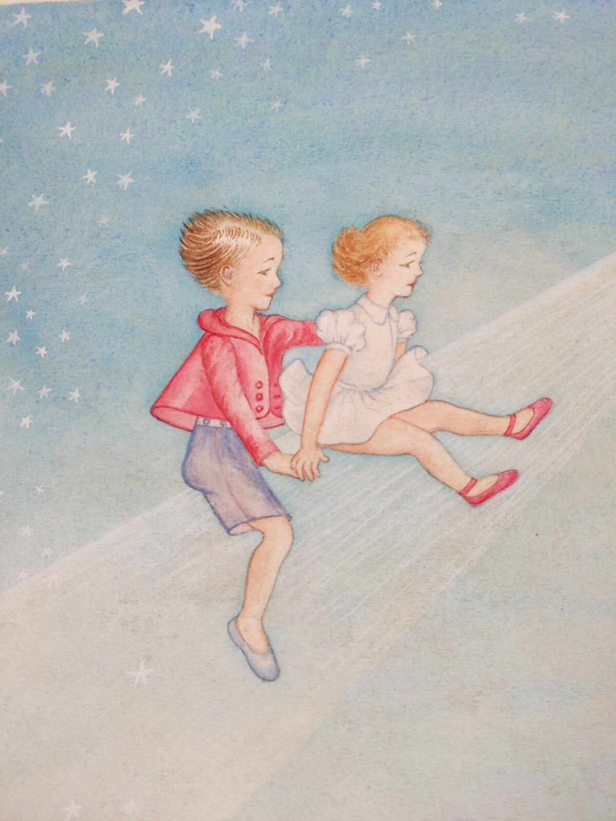 Listed Artist Julia Frances Manley (1905) Painting: Children on a Shooting Star