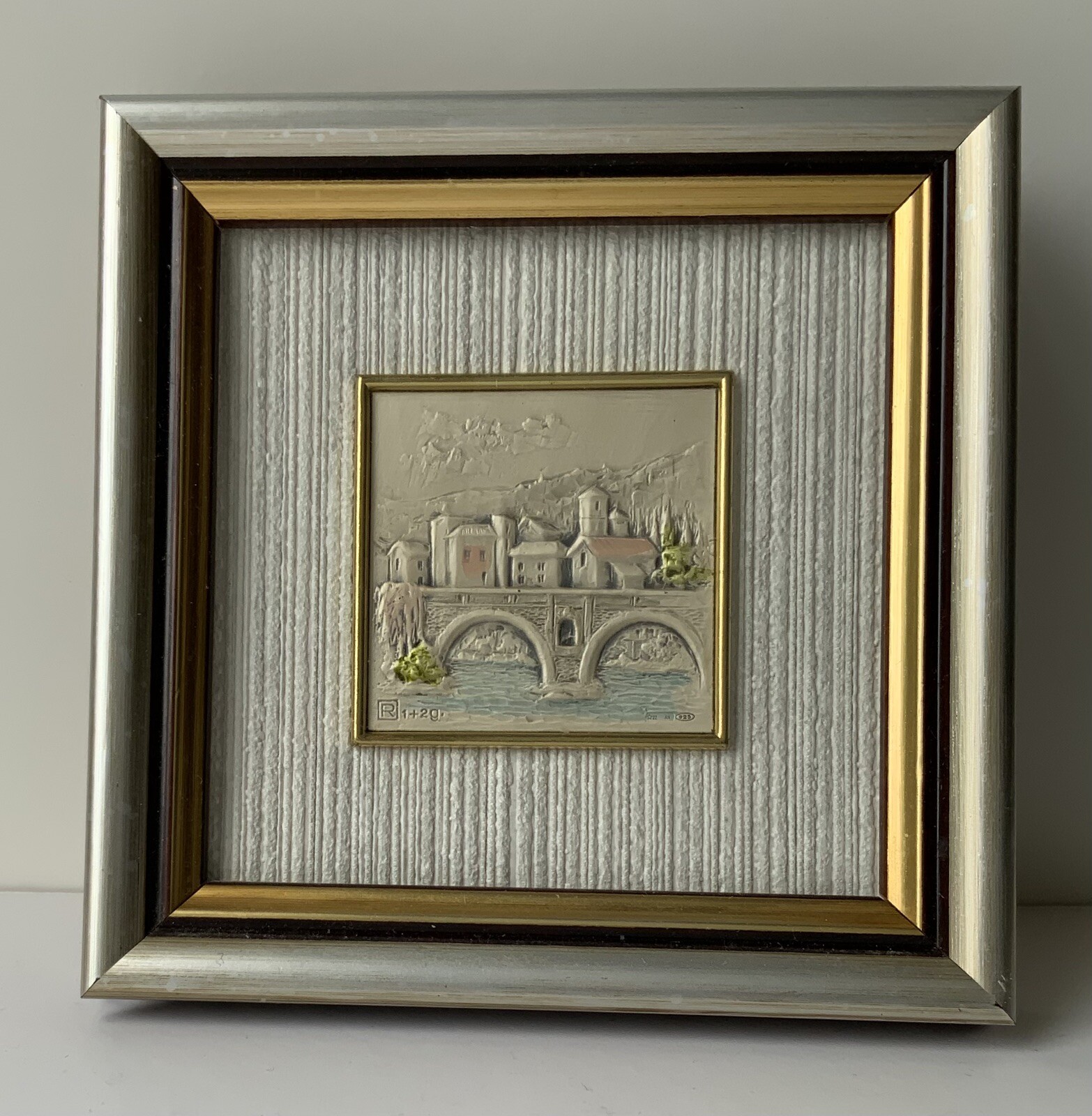 Vtg Embossed Sterling Silver Painted Hand Made Italy City Bridge Scene 4.5”x 4.5