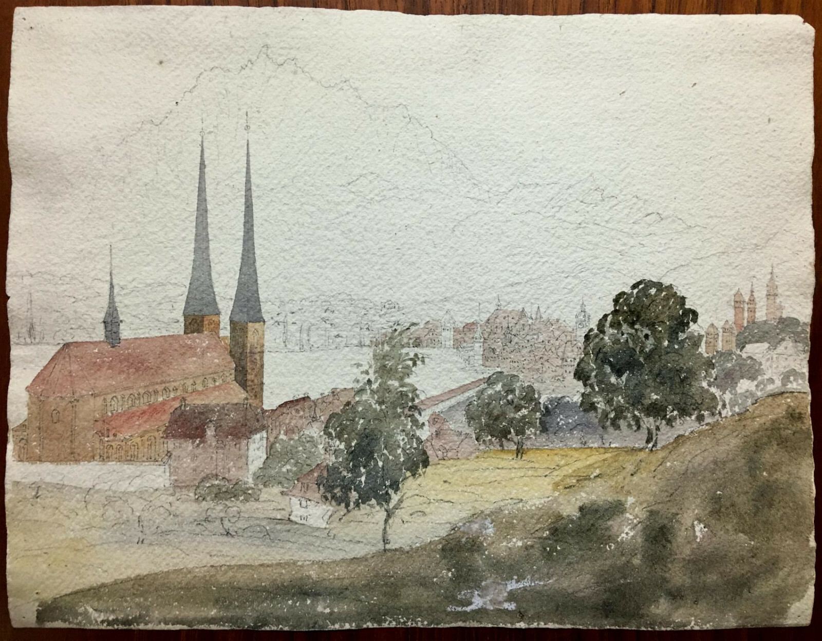 VICTORIAN TOPOGRAPHIC Watercolor ~ ALPINE CITY VIEW ~ c1845 Antique GRAND TOUR