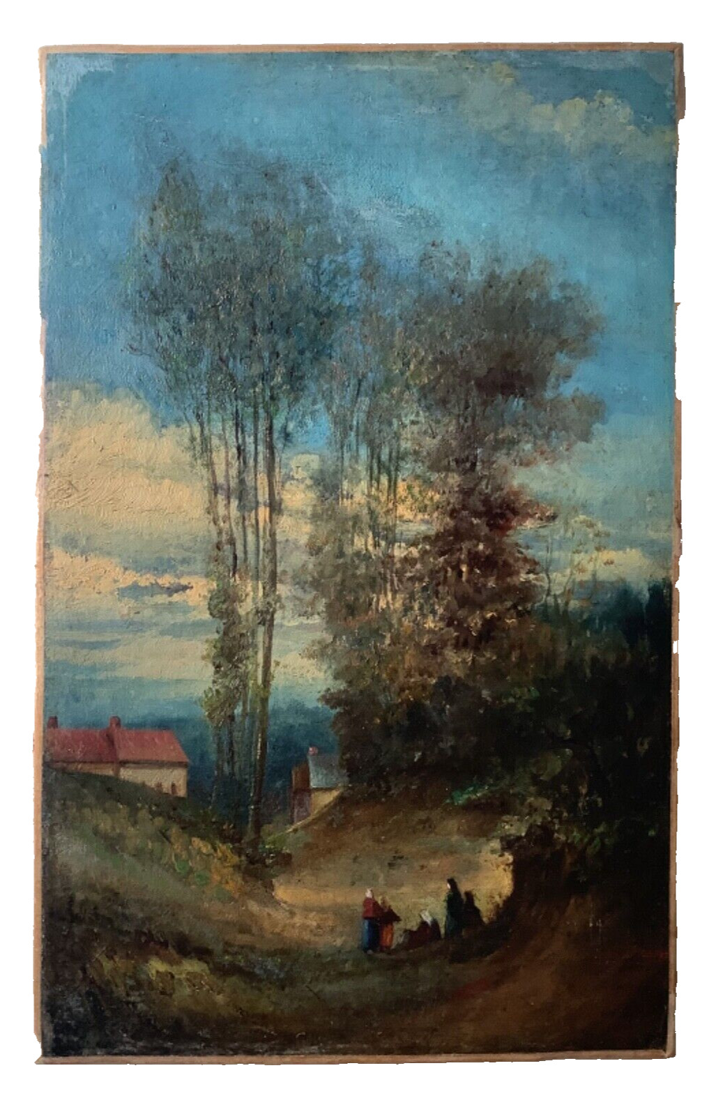 CAMILLE COROT STYLE ITALIAN LANDSCAPE WOMEN SUNSET OIL PAINTING 19TH CENTURY