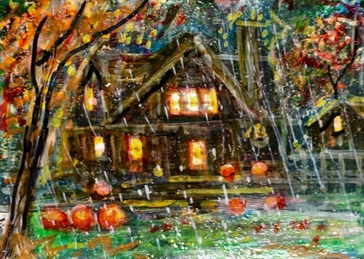 ACEO Original Painting TREE Autumn CABIN Rain Landscape FALL Pumpkins ATC ART