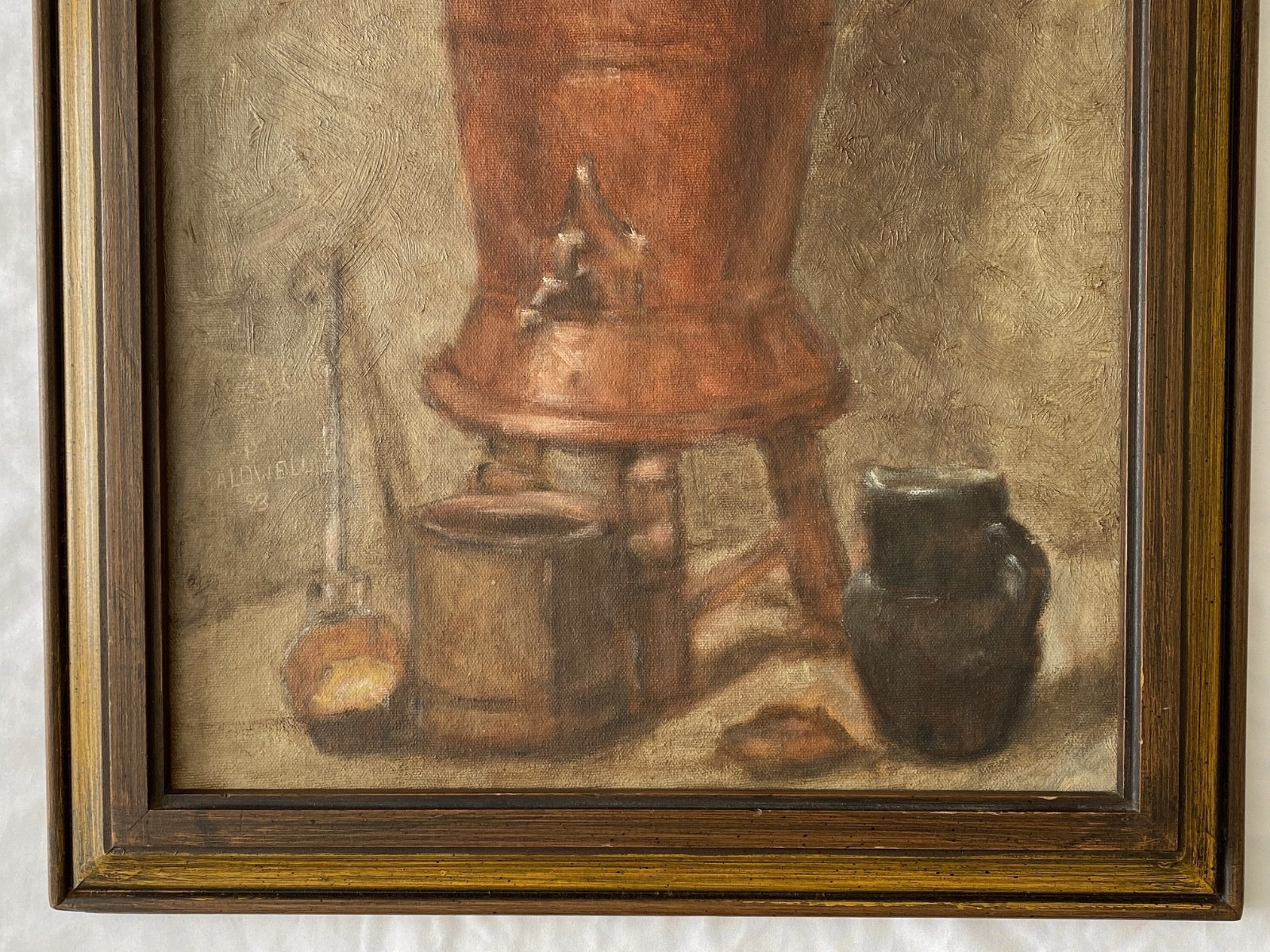 Signed Oil Painting on Canvas Copper Vessel Still Life Framed 1993