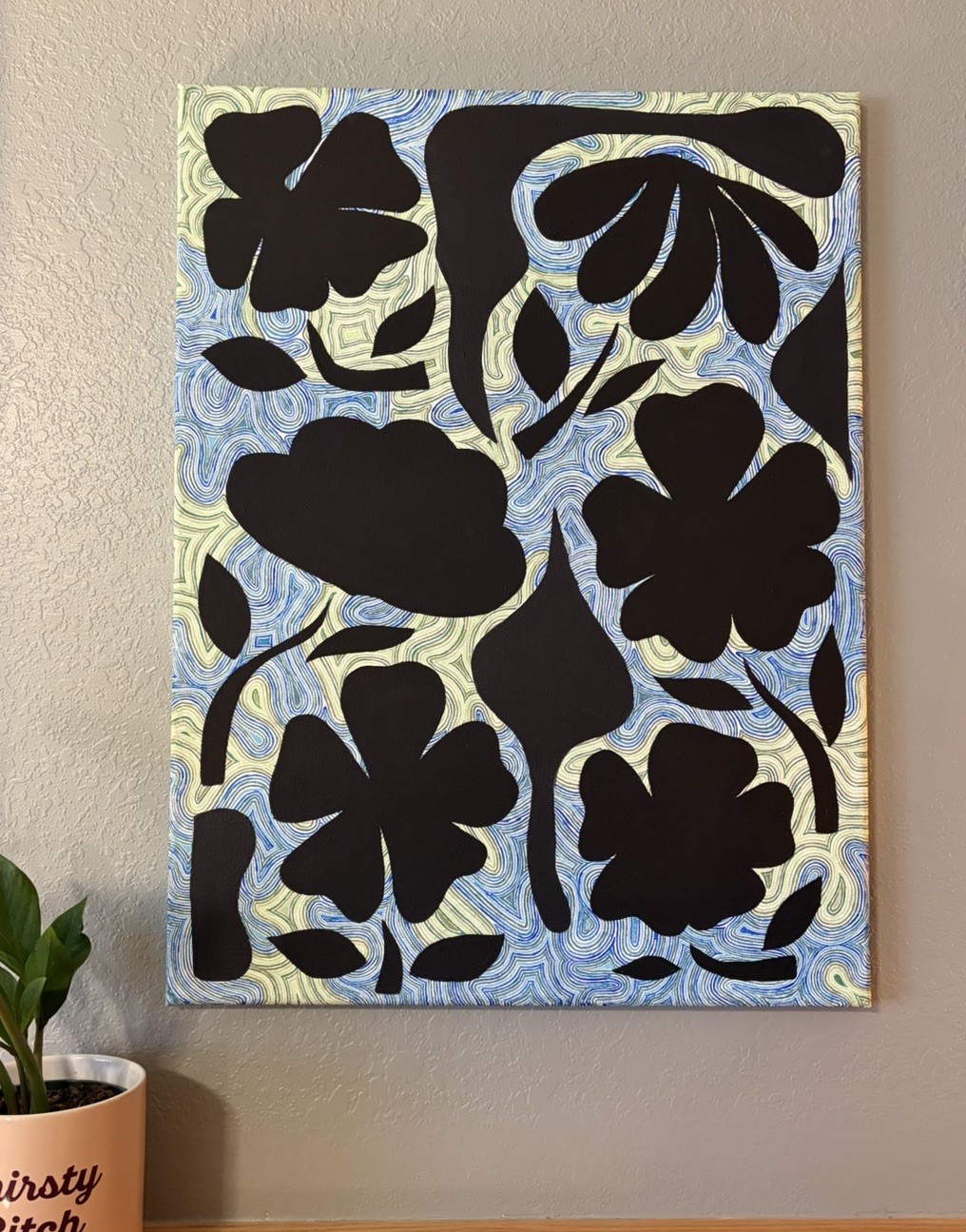Abstract Floral Acrylic Canvas Painting Black and Blue Pattern Art