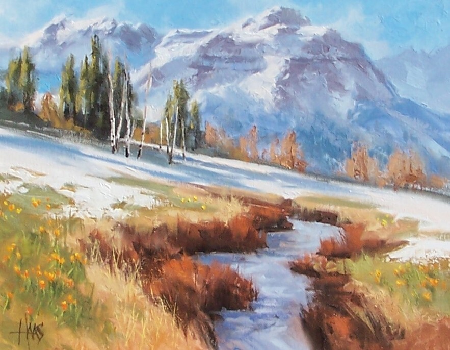 TOM HAAS painting ‘Promise of Spring’ oil 11″x14″ Colorado mountains stream snow