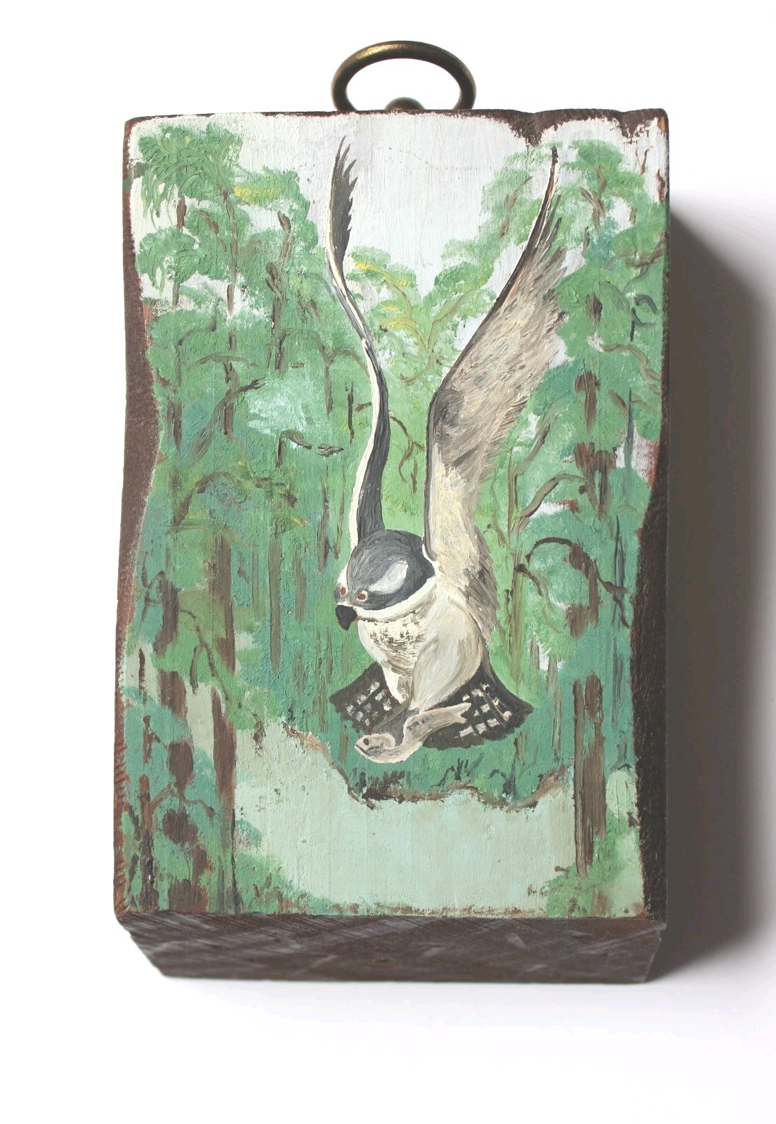 Vintage Louisiana Folk Art Painted Wood Block Osprey Fish Hawk Bayou Scene 4″x8″