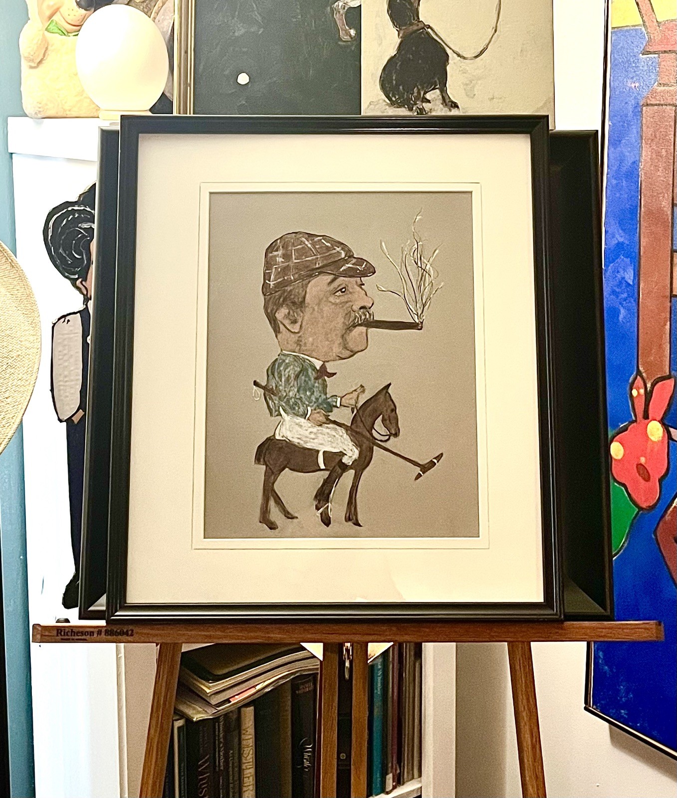 Original Polo Player Caricature Study on Board Pastel-Graphite-Gouache
