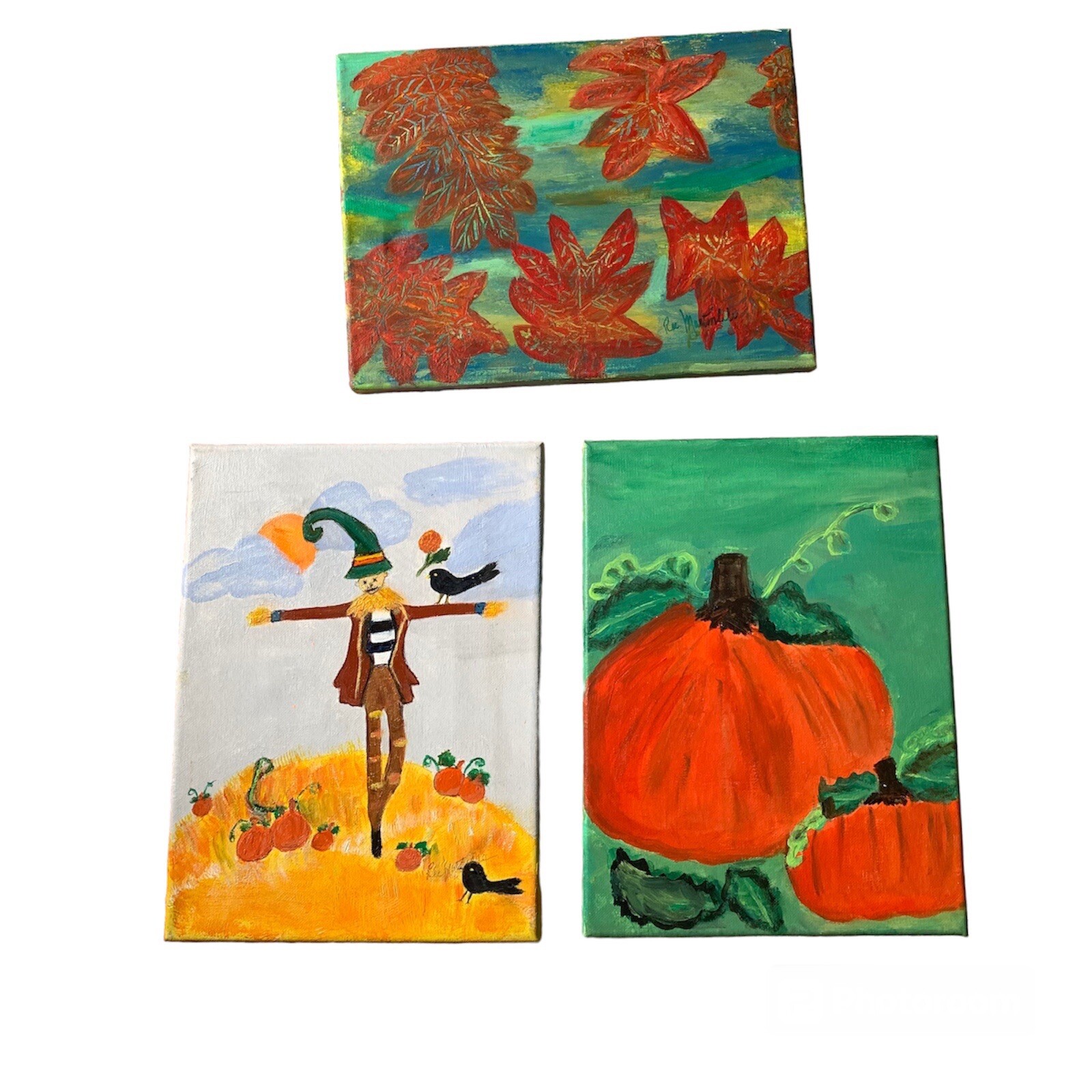 Set of 3 Original Paintings Fall Theme Pumpkin Scarecrow Leaves 9×12 Canvas Art
