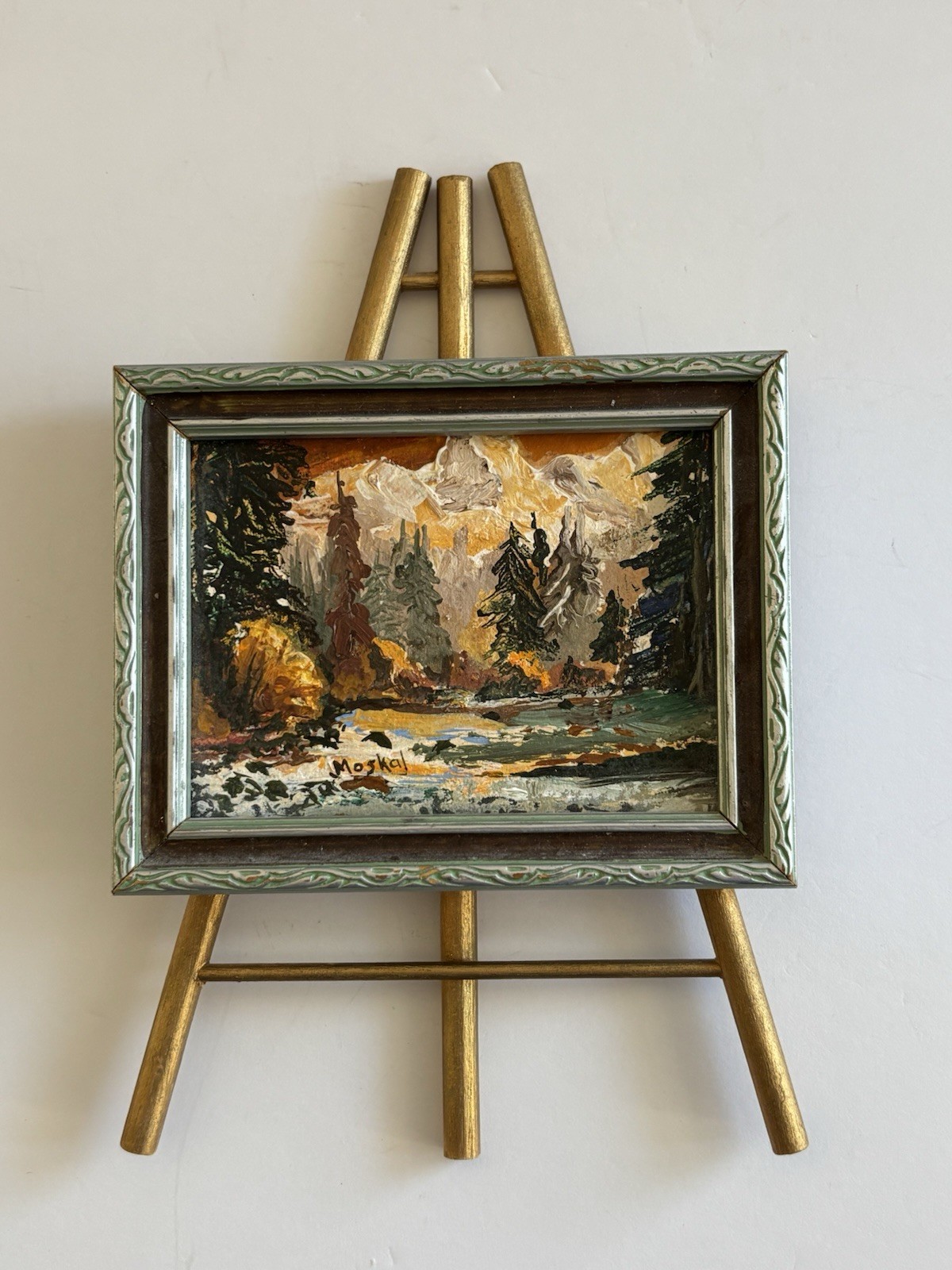 Vtg Mini Original Autumn Mountain Stream Landscape Painting Framed On Easel 3×4”