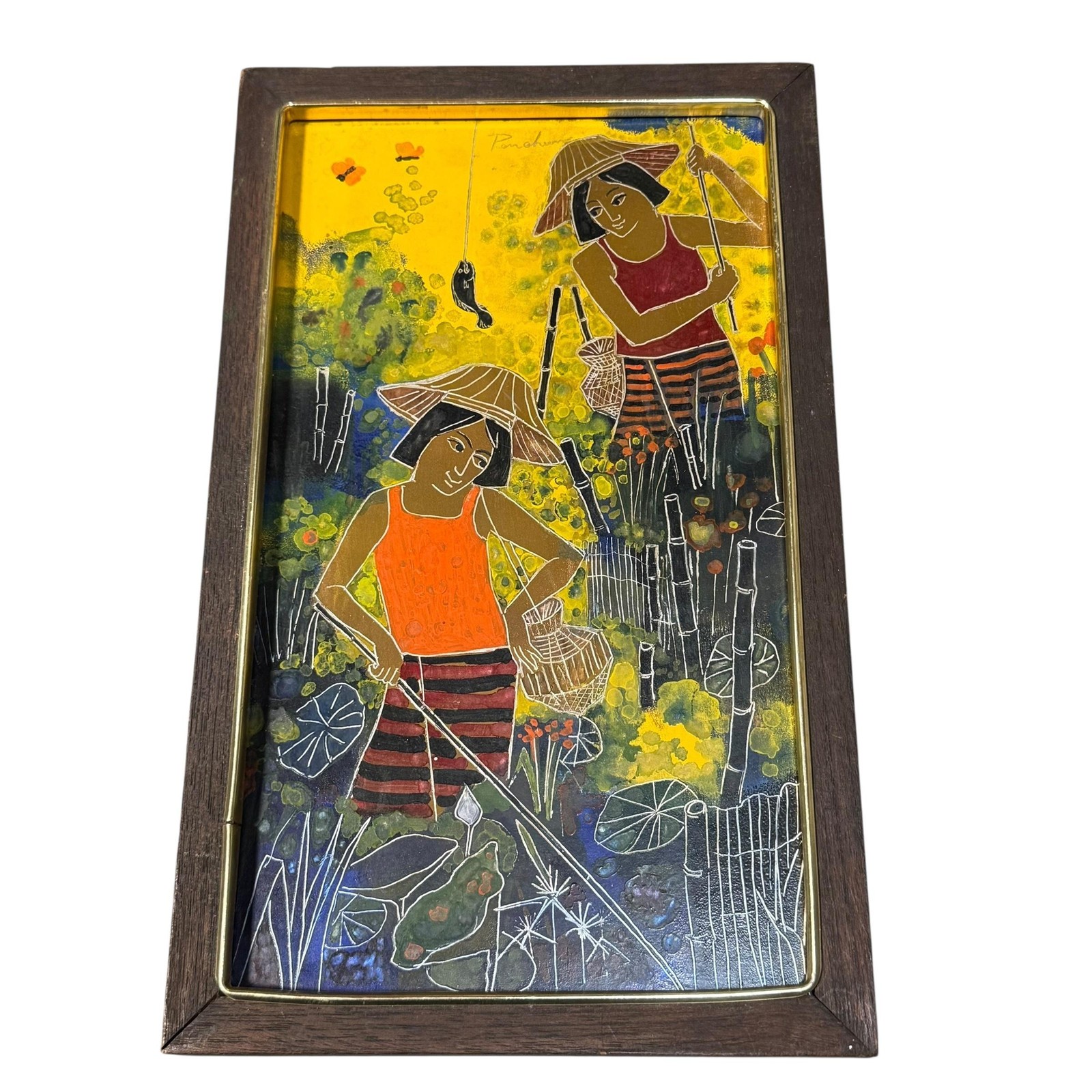 Vintage Penchun Signed Asian Enamel Art Painting Two Women Lotus Pond Framed
