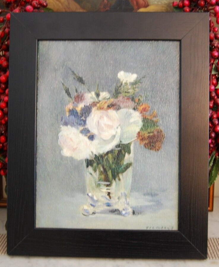 FRAMED TEXTURED ART REPRO PRINT, FLOWERS IN A CRYSTAL VASE BY EDOUARD MANET 1882