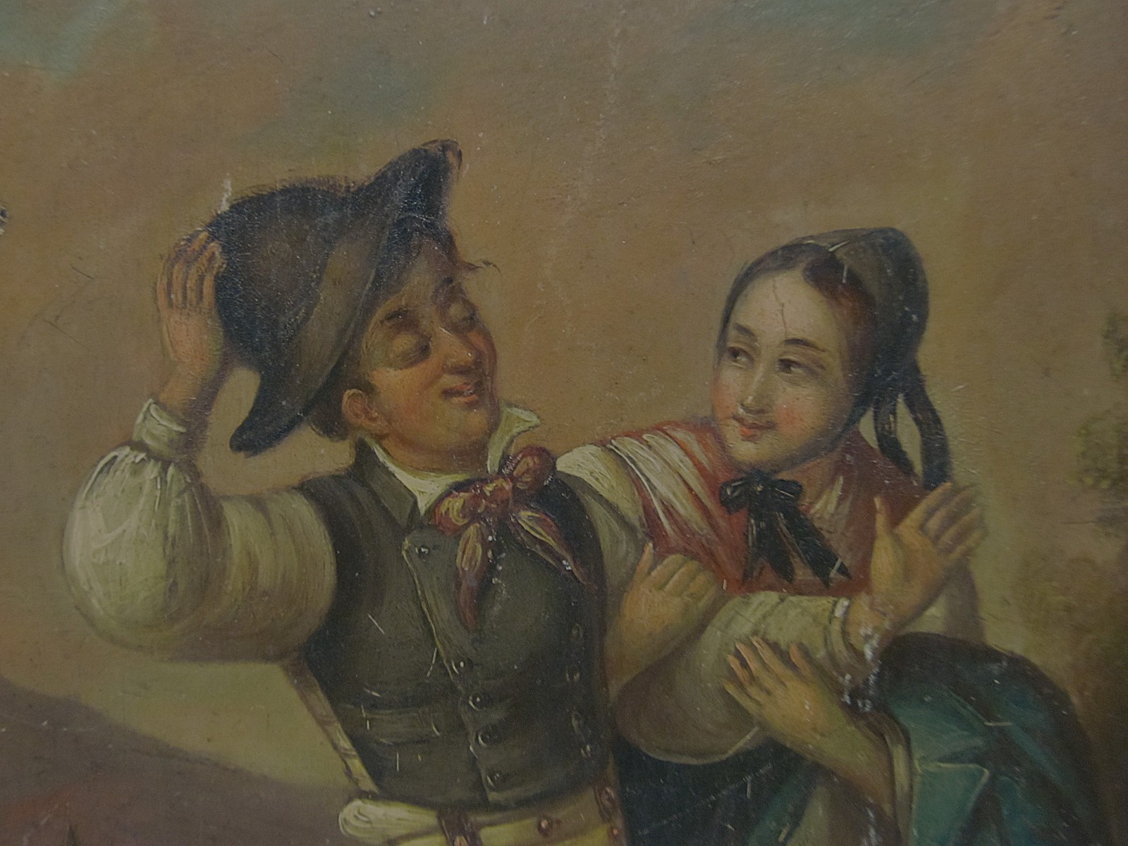 Lovers couple probably Italy around 1850 old oil painting on tin