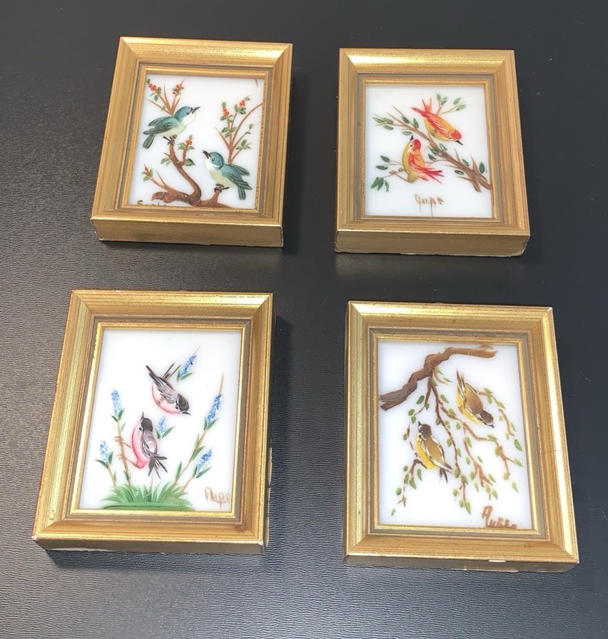 Vintage MCM Set of 4 Small Verilyn Gallery Bird Paintings on Glass Spain