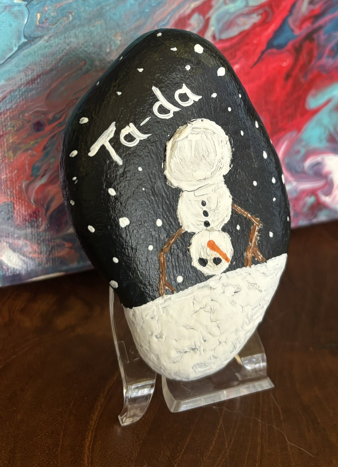 Hand Painted Rock/Stone «Fun Snowman» Collectible Garden Decor Art OOAK