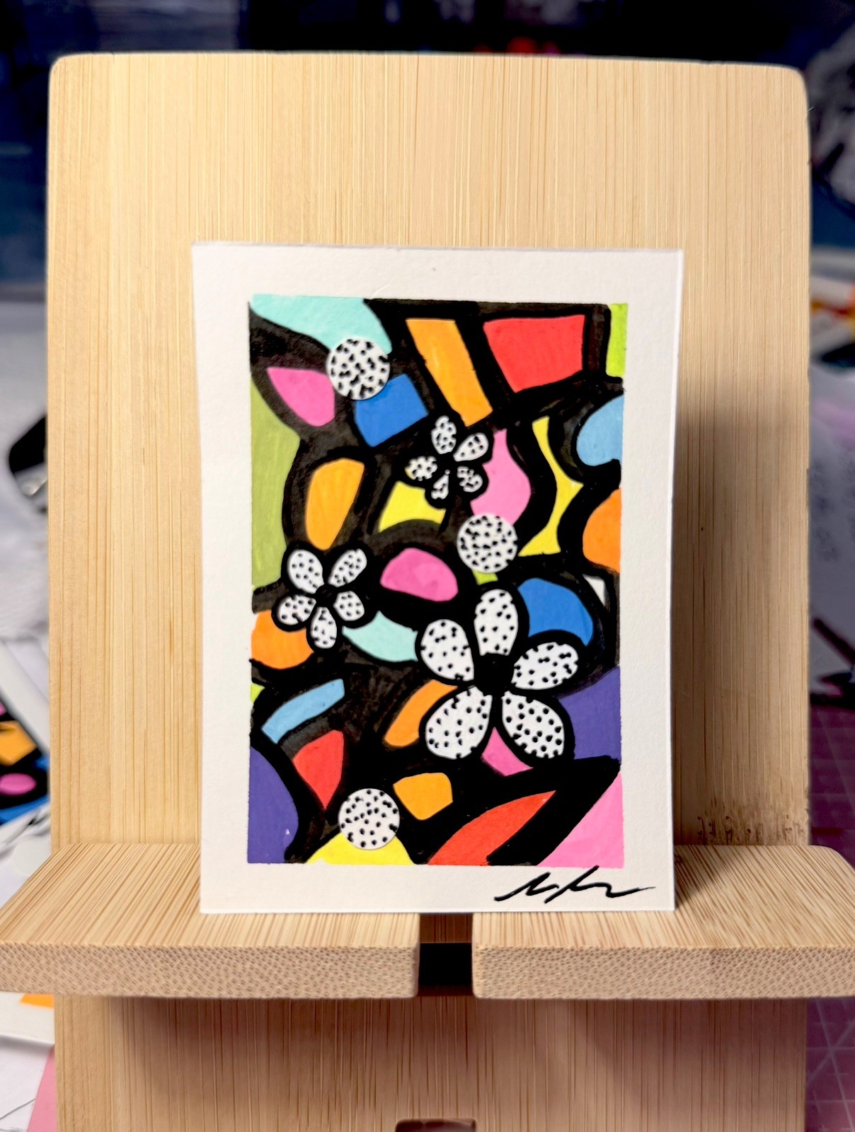 Original ACEO Acrylic Marker Abstract Art Card Handmade Signed – Moon and Stars