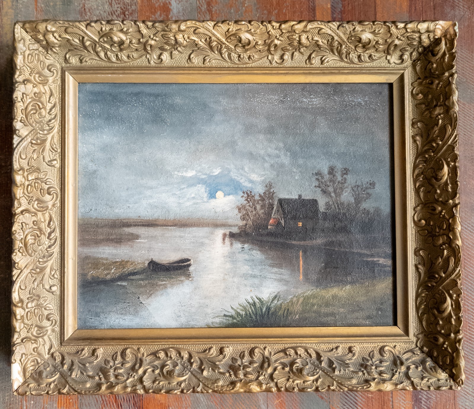 Antique Moonlite Nocturne Landcape Painting Oil on Canvas Continental
