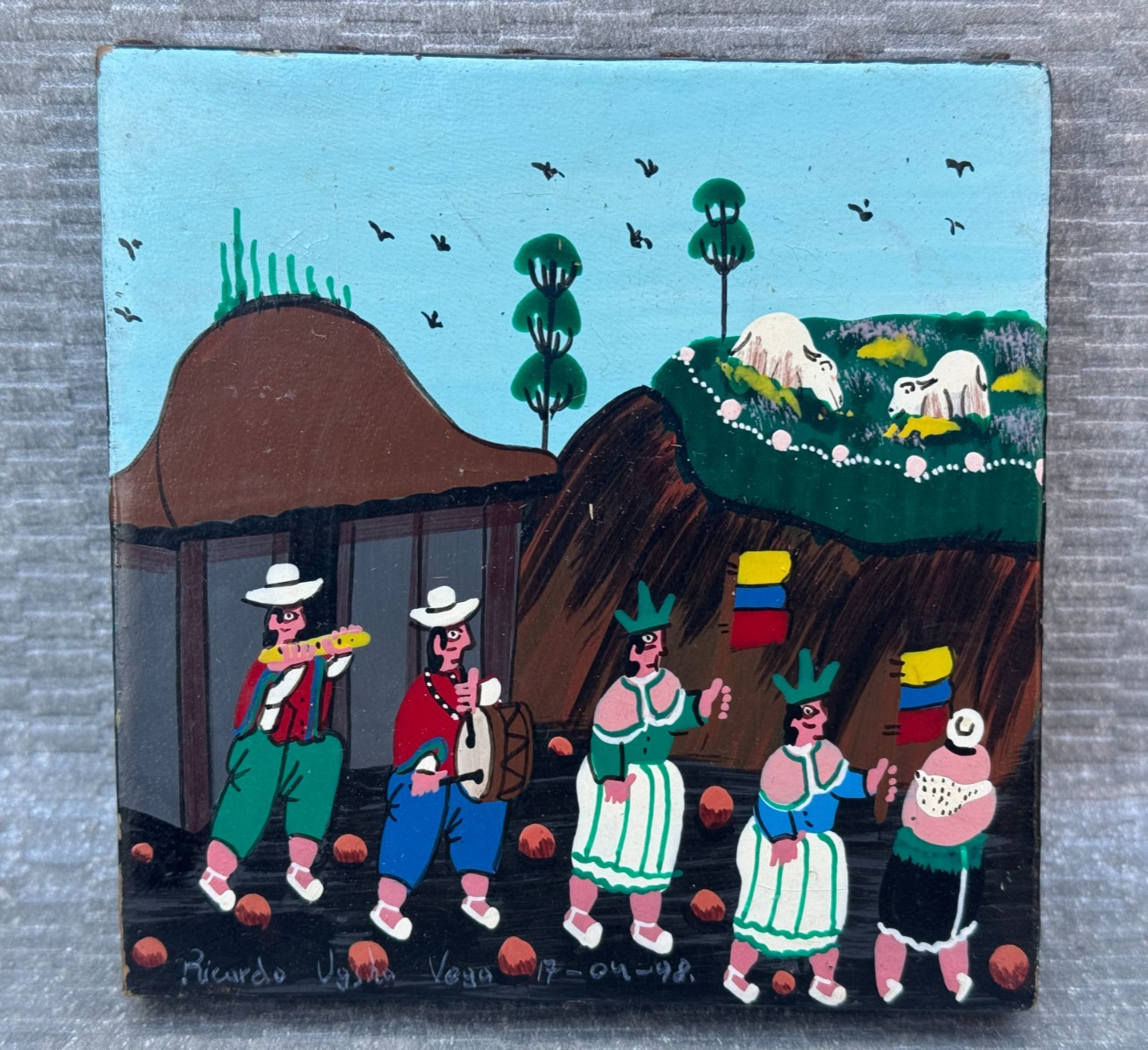 2 ALBERTO RICARDO VEGA ORIGINAL TIGUA PAINTING PERU PERUVIAN FOLK ART ON LEATHER