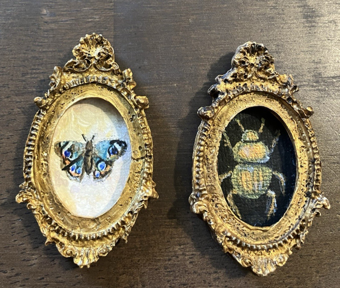 Set of 2 OOAK Acrylic Miniature Paintings by Artist – Butterfly & Beetle Framed
