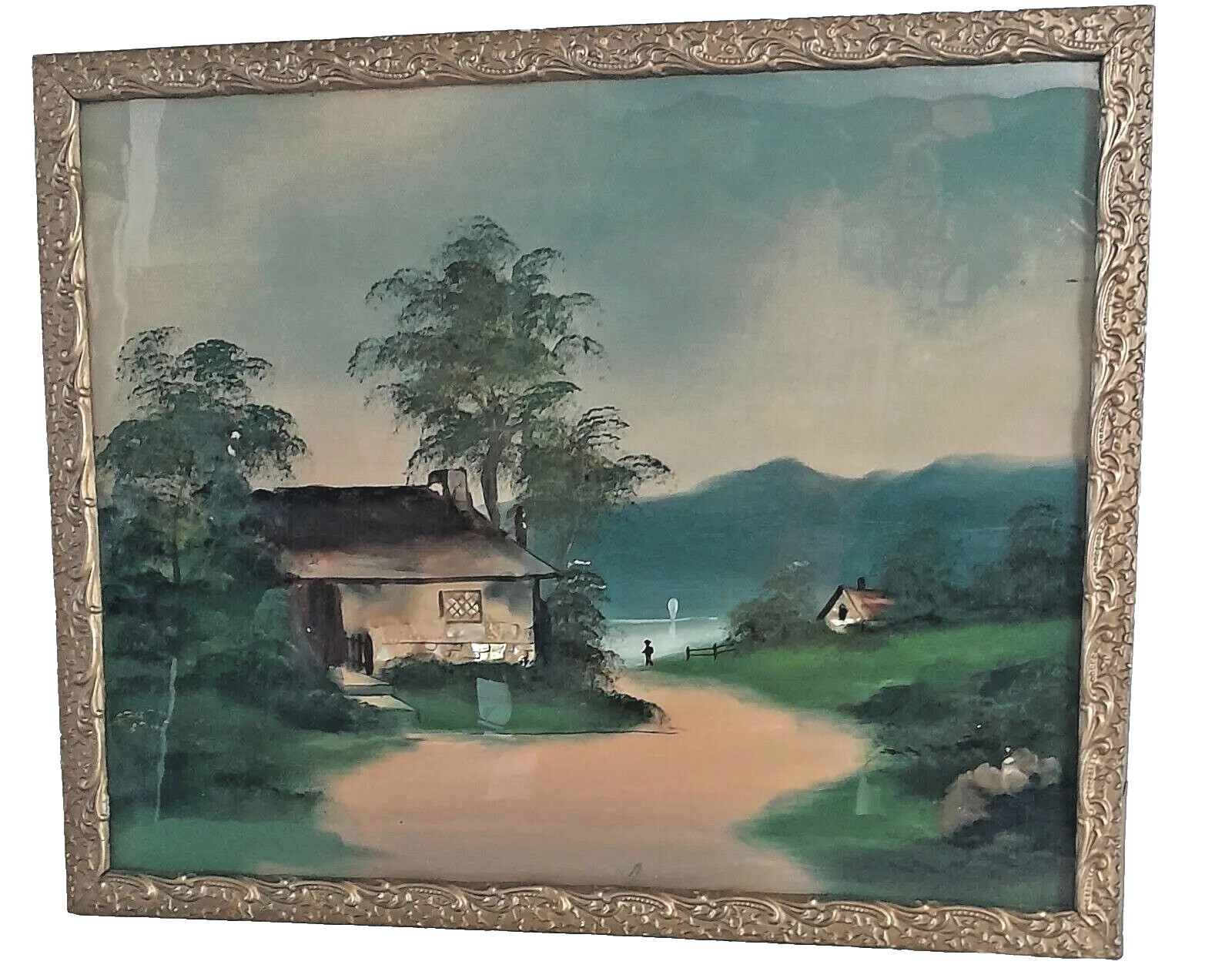Vintage Reverse Painting on Glass Landscape Cabin in the woods w/Figure Lakeside