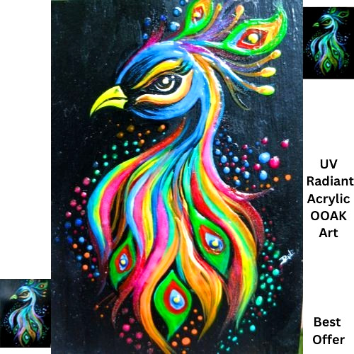 UV (Radiant) ACEO Original Peacock Birds Acrylic Pop Art Hand Painting NEW OOAK