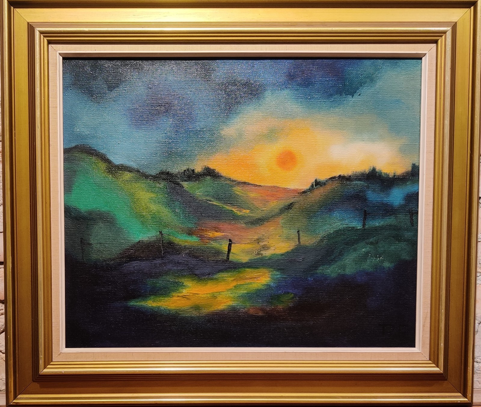 SUNRISE IN HILLY LANDSCAPE, original oil painting