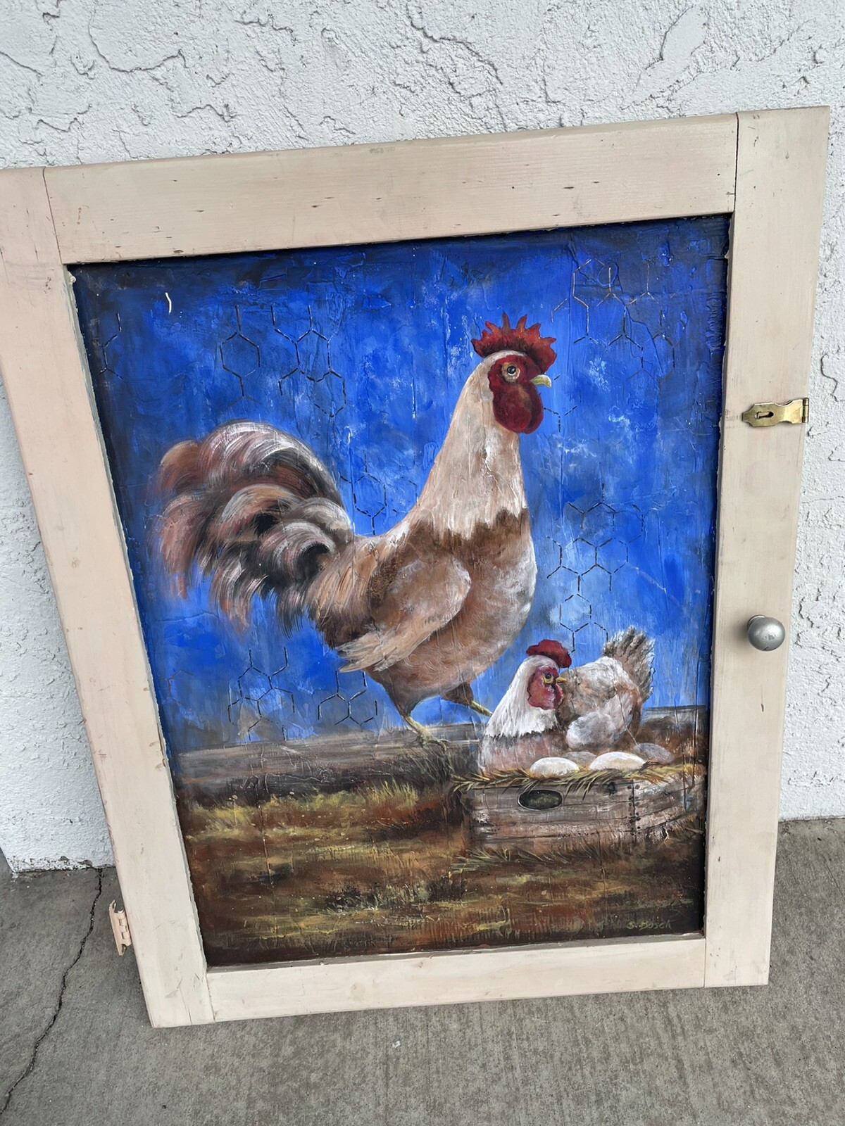 acrylic painting on old cabinet door 33 x 25 1/2 rooster & chicken fbm lh