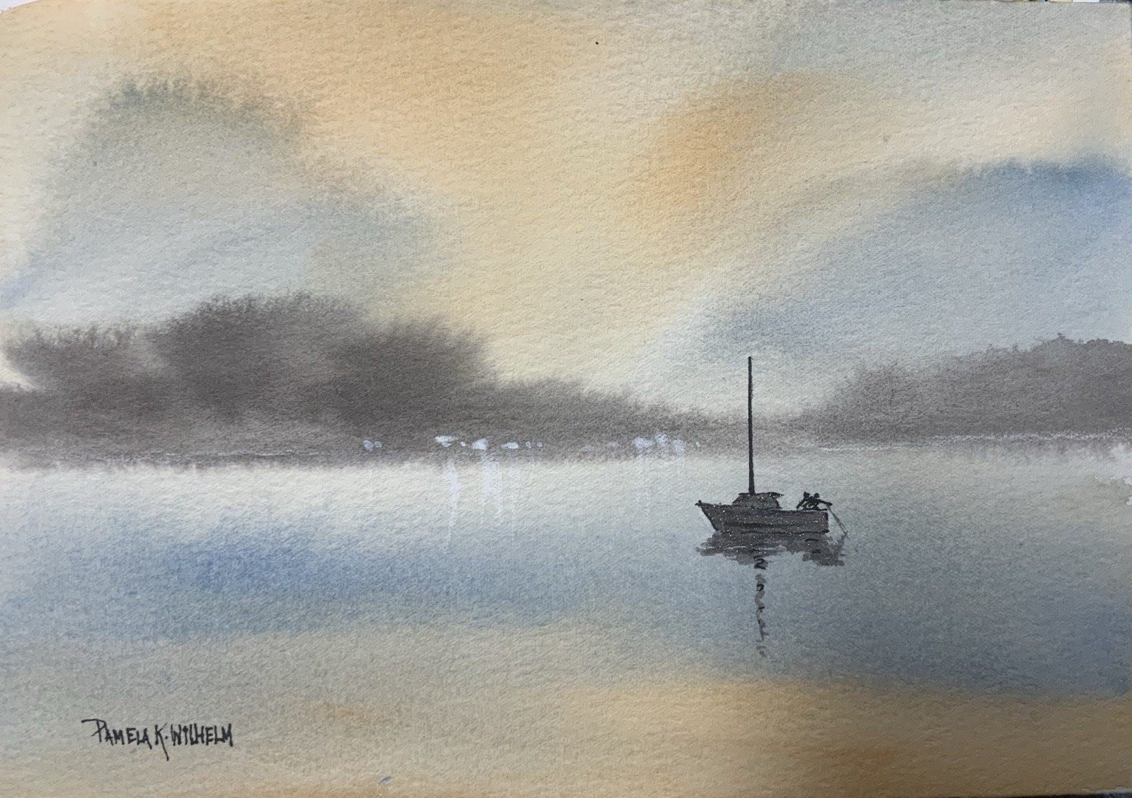 5”x7” Landscape Original Watercolor Of A Fishing Boat On Calm Morning Waters