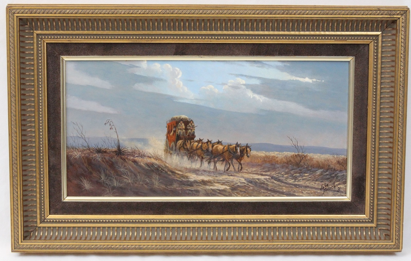 John French 8×16 Oil Painting Western Desert Landscape Cowboys Stagecoach Horse