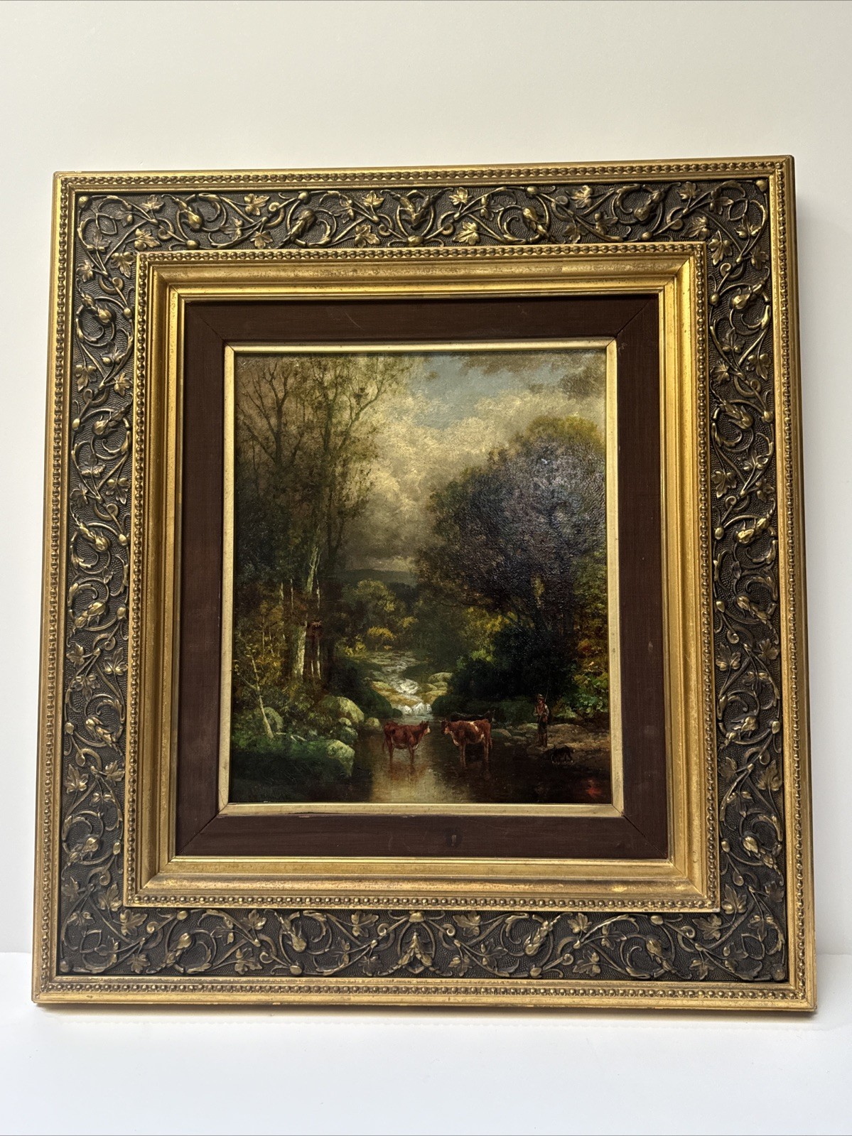 Antique New York Landscape Painting Edmond Willis Impressionist Man Cow Dog Oil